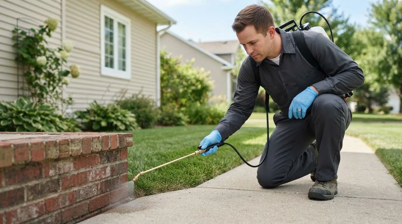 Pest control technician treating a home near West Bloomfield, NY