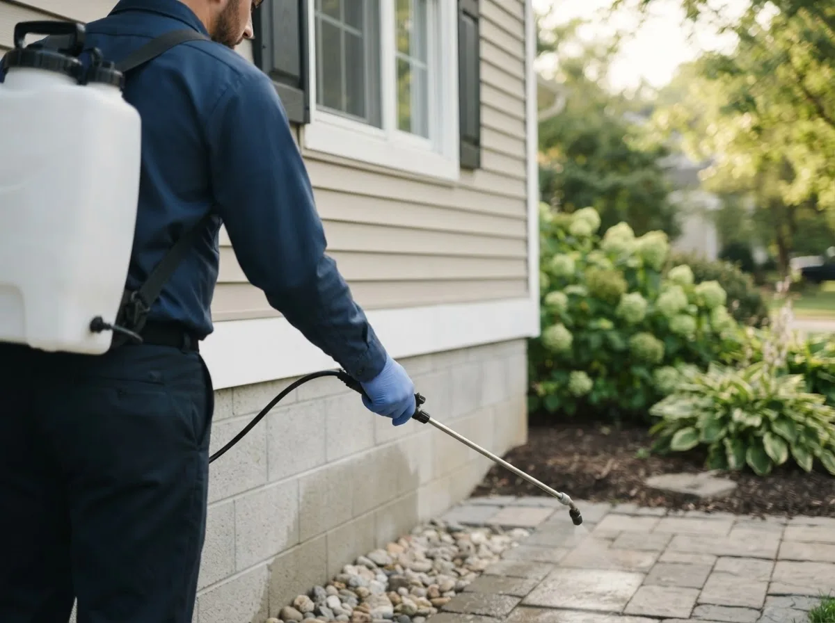 Pest control technician inspecting a home in West Bloomfield, NY